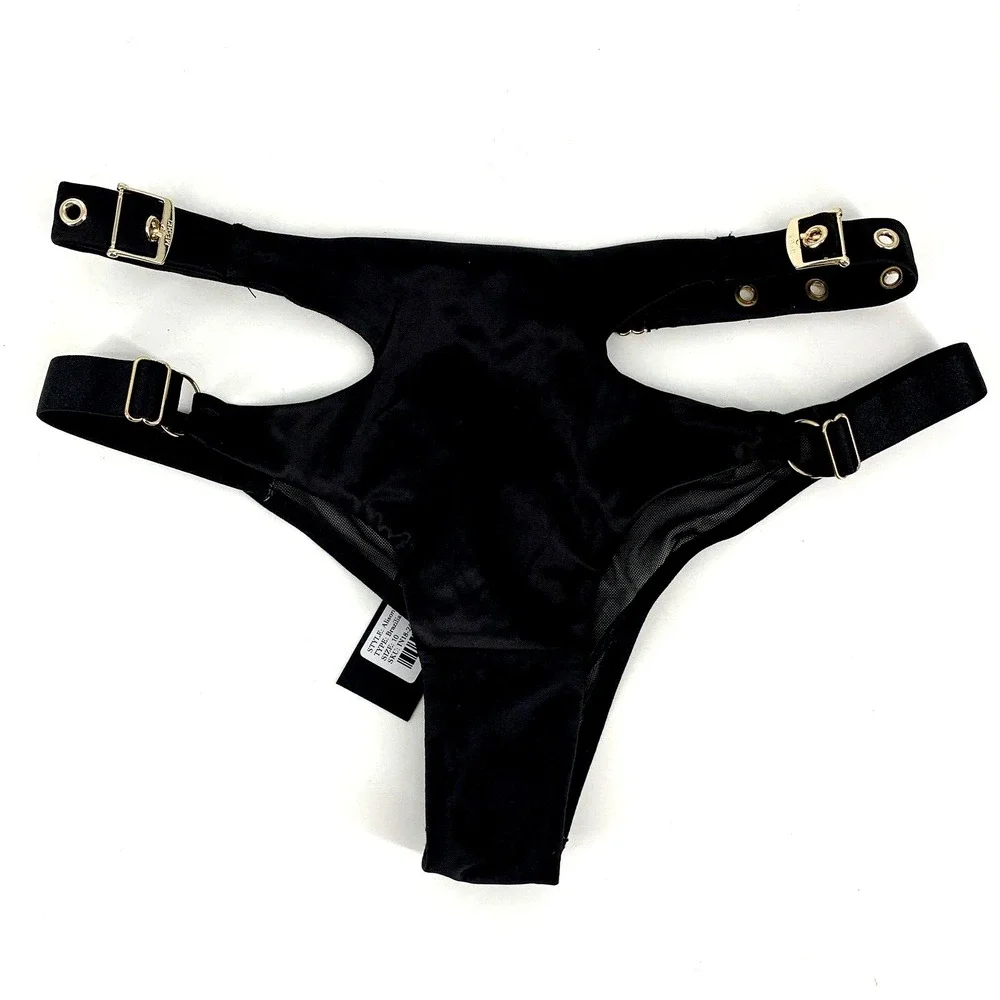 NWT MESHKI ALISON Satin Buckle Brazilian Briefs‎ Black size 10 New Bottoms Only - Picture 4 of 13